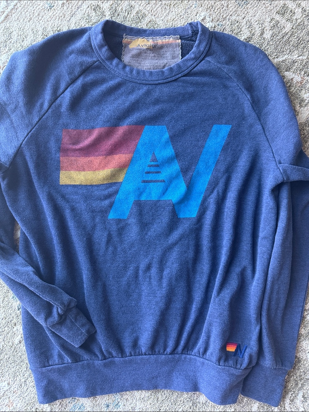Aviator Nation Blue Crewneck Sweatshirt with Retro Stripe Logo
